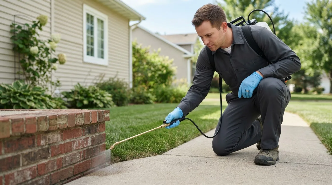 Pest control technician treating a home near Loving, TX